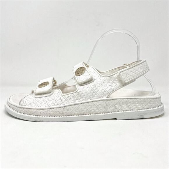 Chanel White Textured Leather Dad Flat Sandals 39.5‎ - Picture 2 of 9